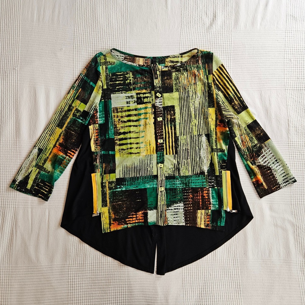IC by Connie K Abstract Print Artsy Flowy Layered Tunic Top Green Black Women L